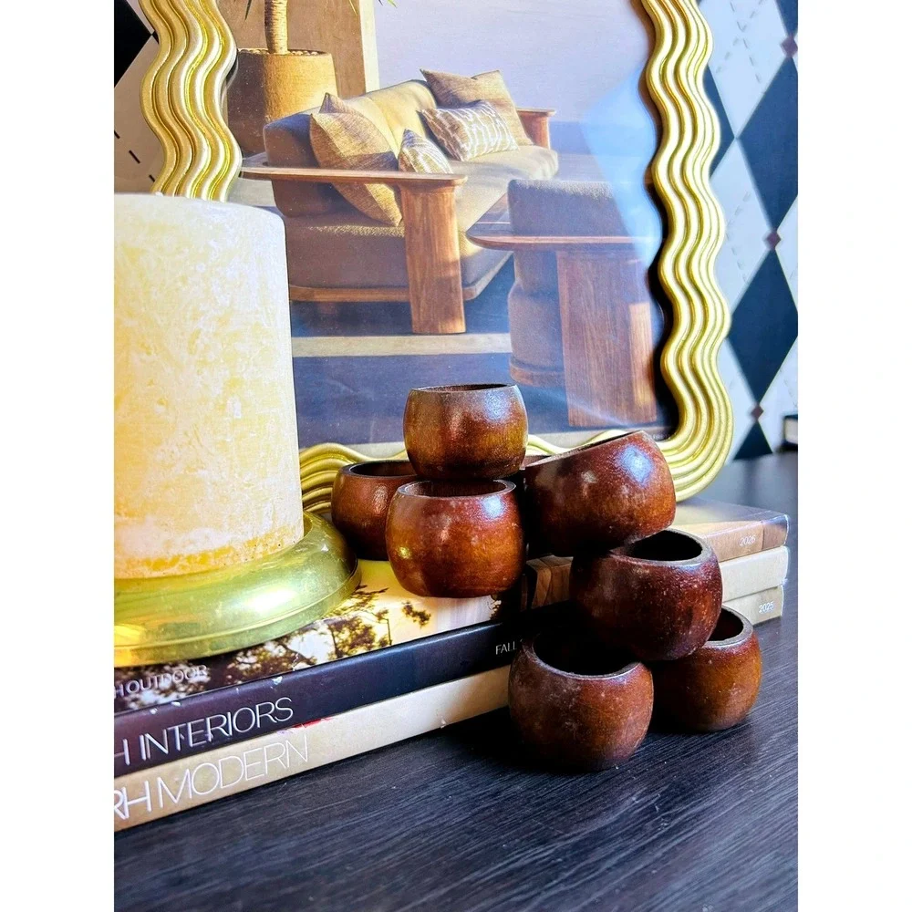 Wooden Napkin Rings Set of 8 Rustic Brown Tabletop Entertaining Organic Boho